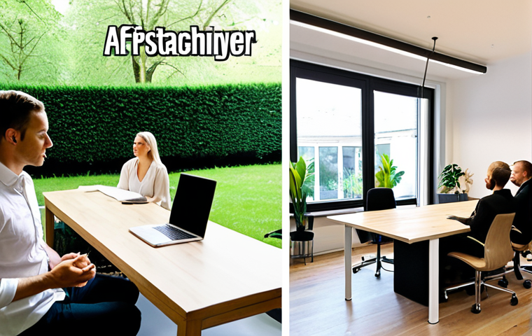 **
A split image showcasing two contrasting scenes. On the left, a brightly lit modern office with people collaborating around a table, brainstorming ideas. On the right, a serene individual meditating in a peaceful garden, focusing on inner peace. Text overlays: "Affärscoaching - När företaget behöver ett lyft" (Business Coaching - When the company needs a boost) and "Personlig coaching - När du behöver fokusera på dig själv" (Personal Coaching - When you need to focus on yourself).
**